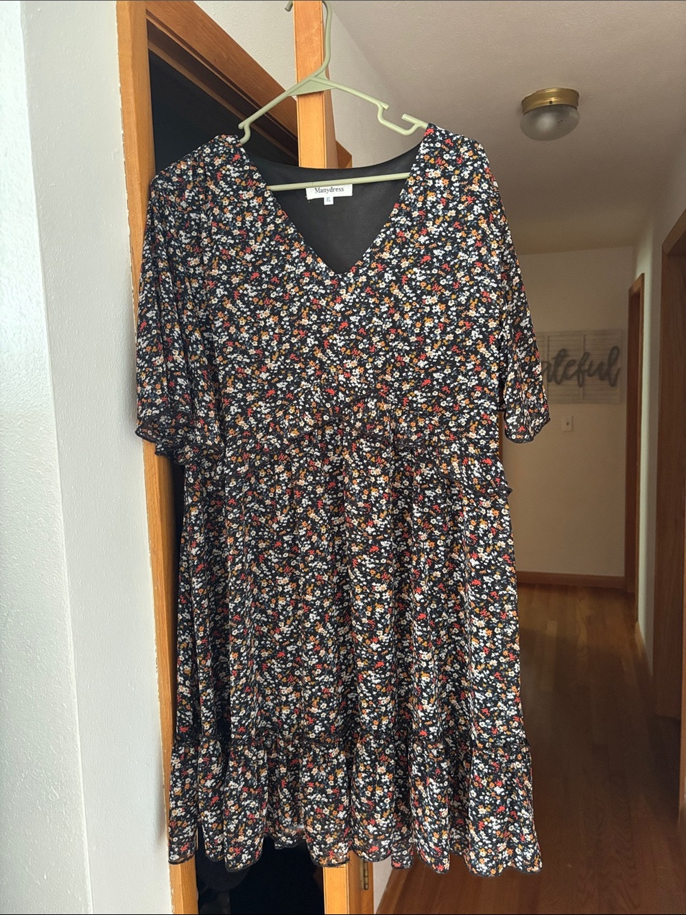 Floral V-Neck Tiered Women's Dress - Black with Multicolor Floral